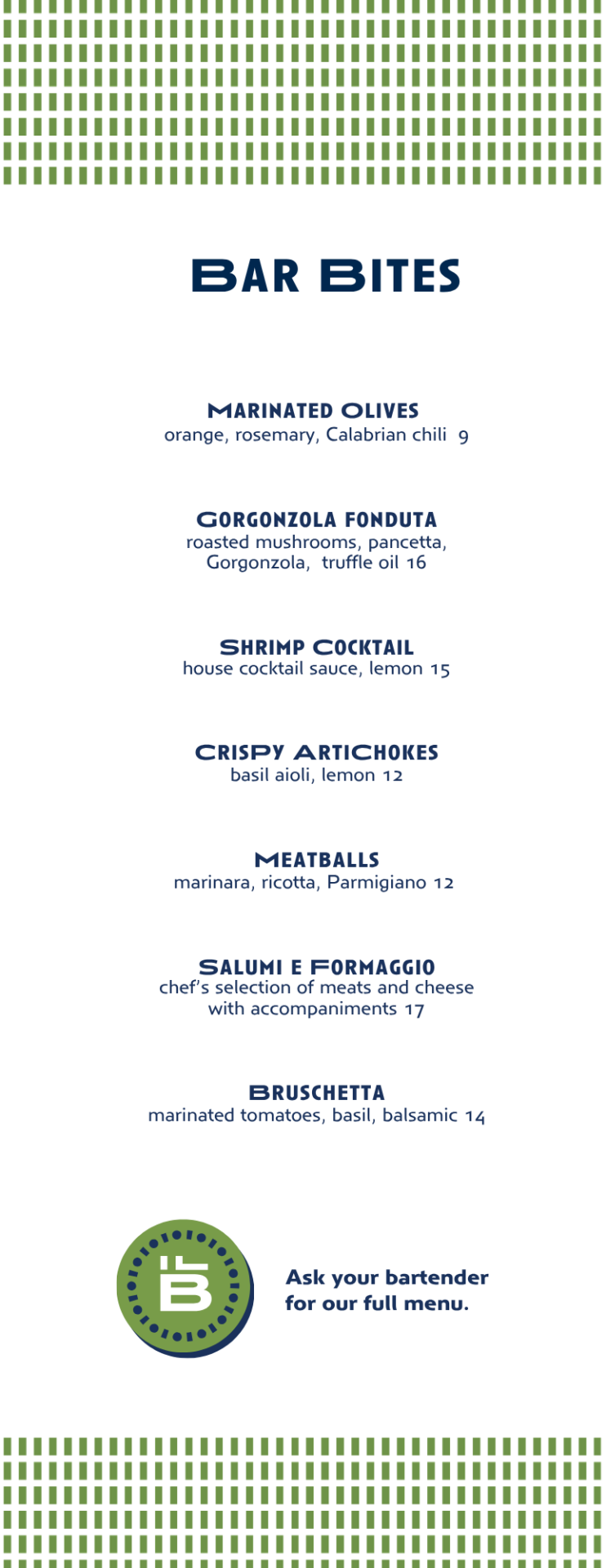Bar Bites Menu